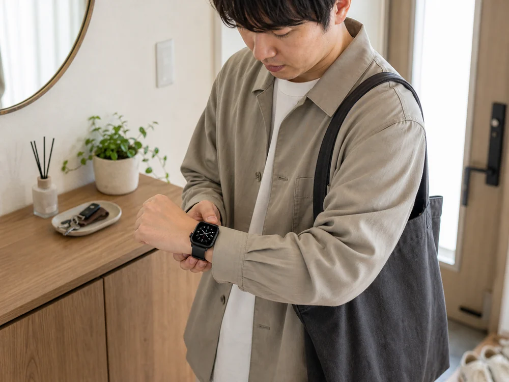 外出前にスマートウォッチを確認して使い方のイメージをつかめる場面