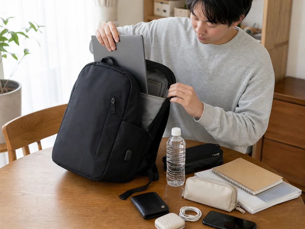 黒い軽量リュックからノートPCや書類を取り出して収納量を確かめる様子