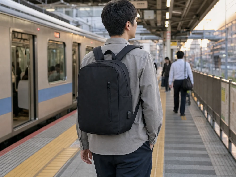 駅ホーム付近で黒い軽量リュックを背負って軽やかに歩く人物