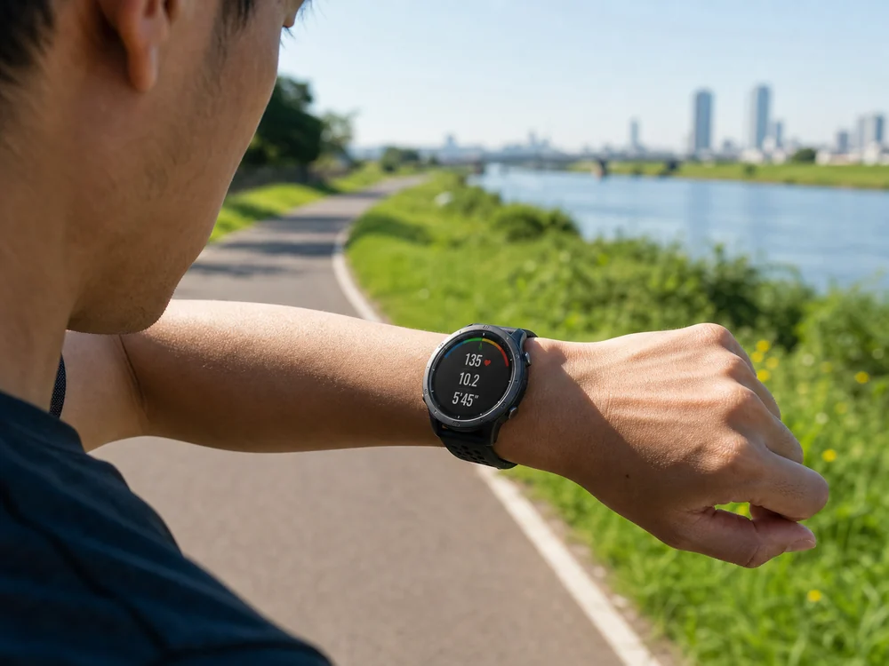 黒い丸型スマートウォッチを屋外ランニング中に確認する利用シーン