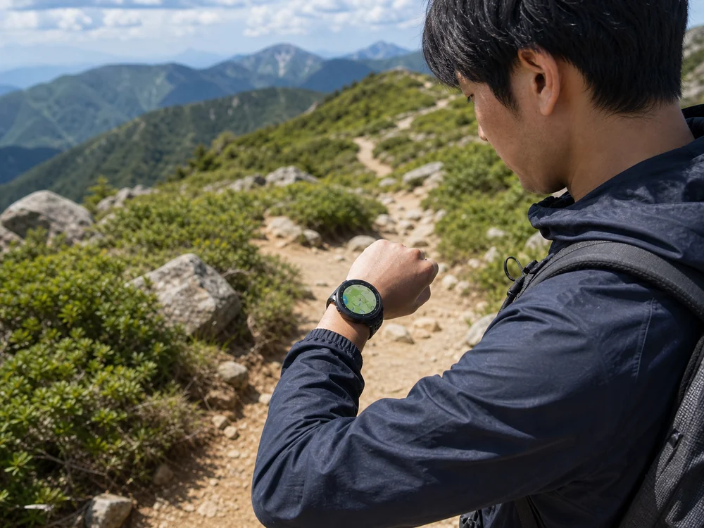 黒い丸型スマートウォッチで登山道のルートを確認する利用シーン