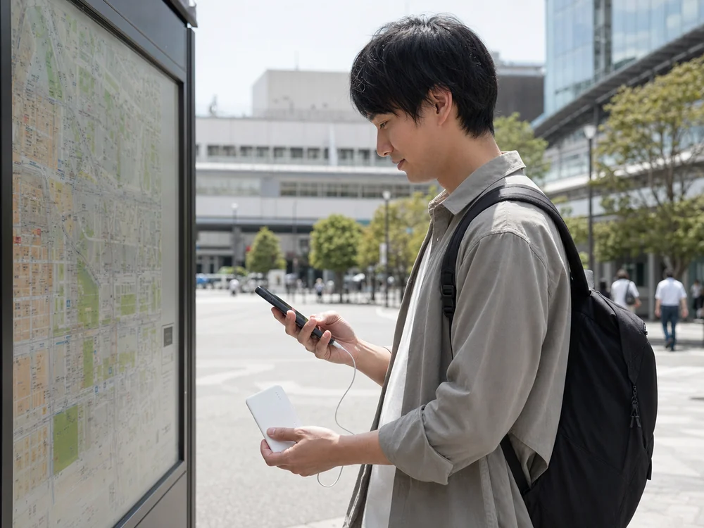 地図を見ながらスマホを充電する薄型モバイルバッテリーの使用イメージ