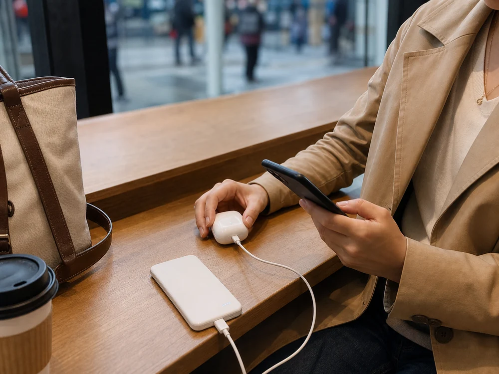 小型機器を充電する薄型モバイルバッテリーの使用イメージ