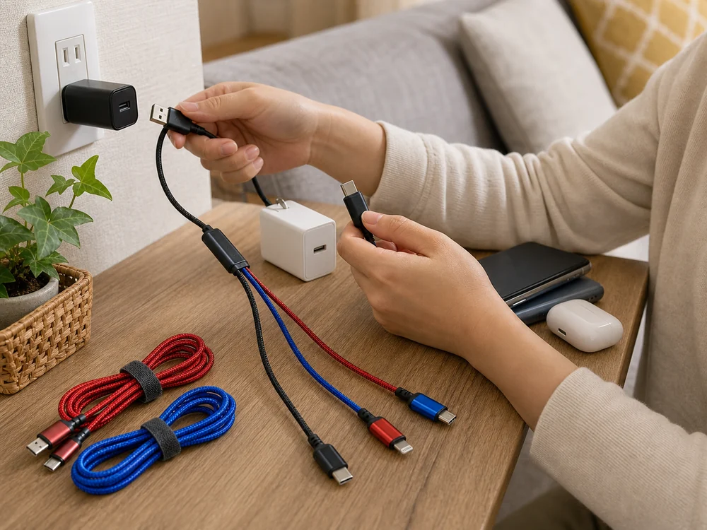 USB-AとUSB-Cの両方に対応する分岐ケーブルを使い分けている様子