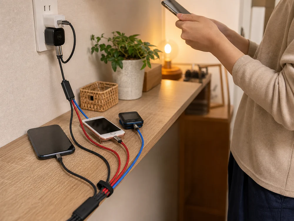 色違いの3本マルチ充電ケーブルで複数端末をまとめて充電している様子