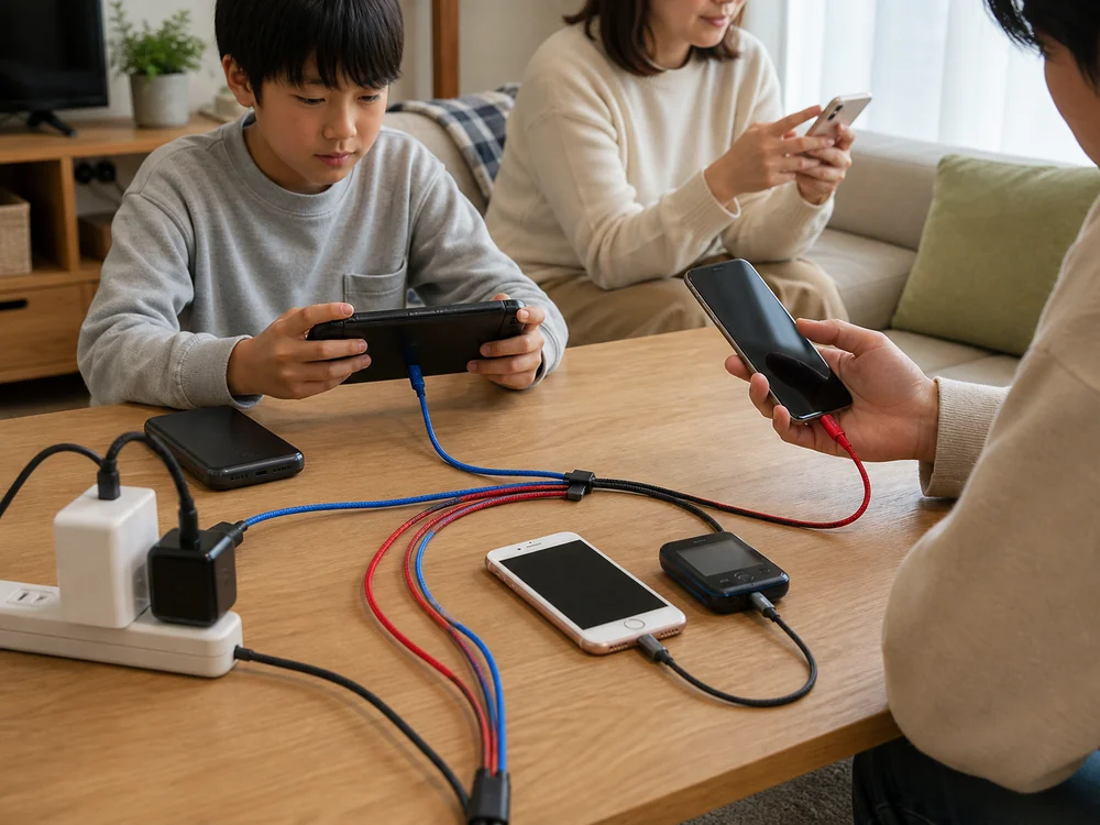 端子の違う機器が混在する場面でマルチ充電ケーブルを使っている様子
