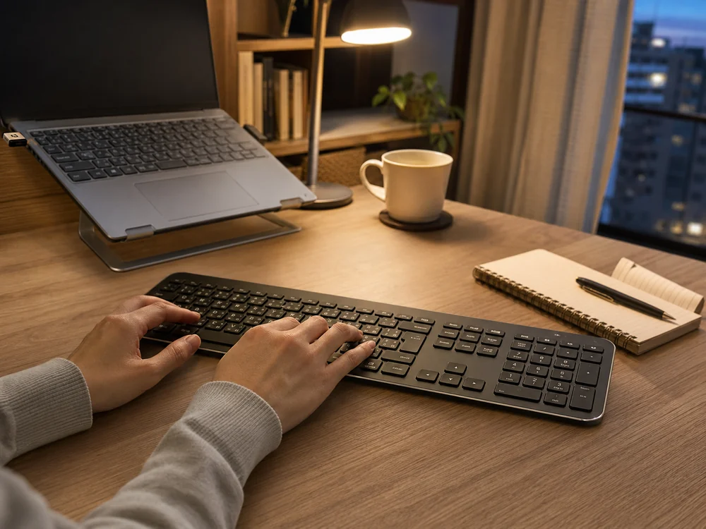 薄型のArteckワイヤレスキーボードでノートPC作業をしている様子