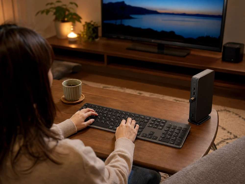 USBレシーバー接続の薄型キーボードをリビングで使う様子