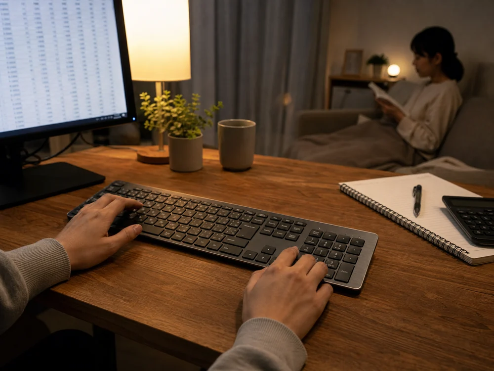 テンキー付きの薄型キーボードで夜に表計算をしている様子