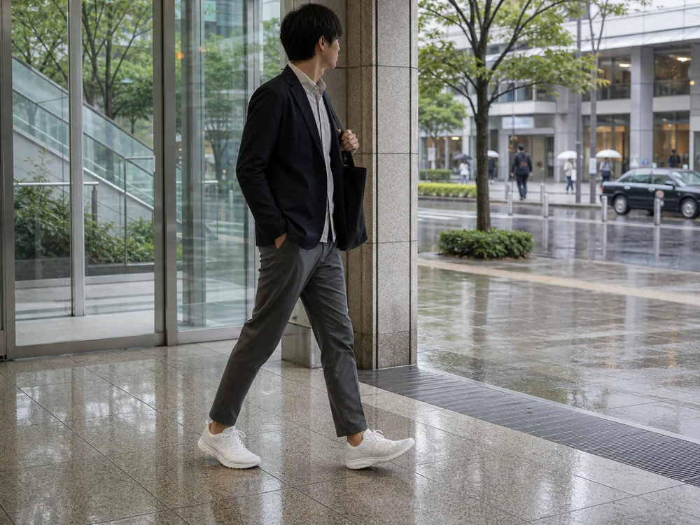 雨上がりの街中で白いランニングシューズを普段使いする人物