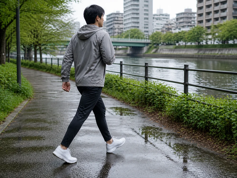 濡れた遊歩道を白いランニングシューズで軽く歩く様子