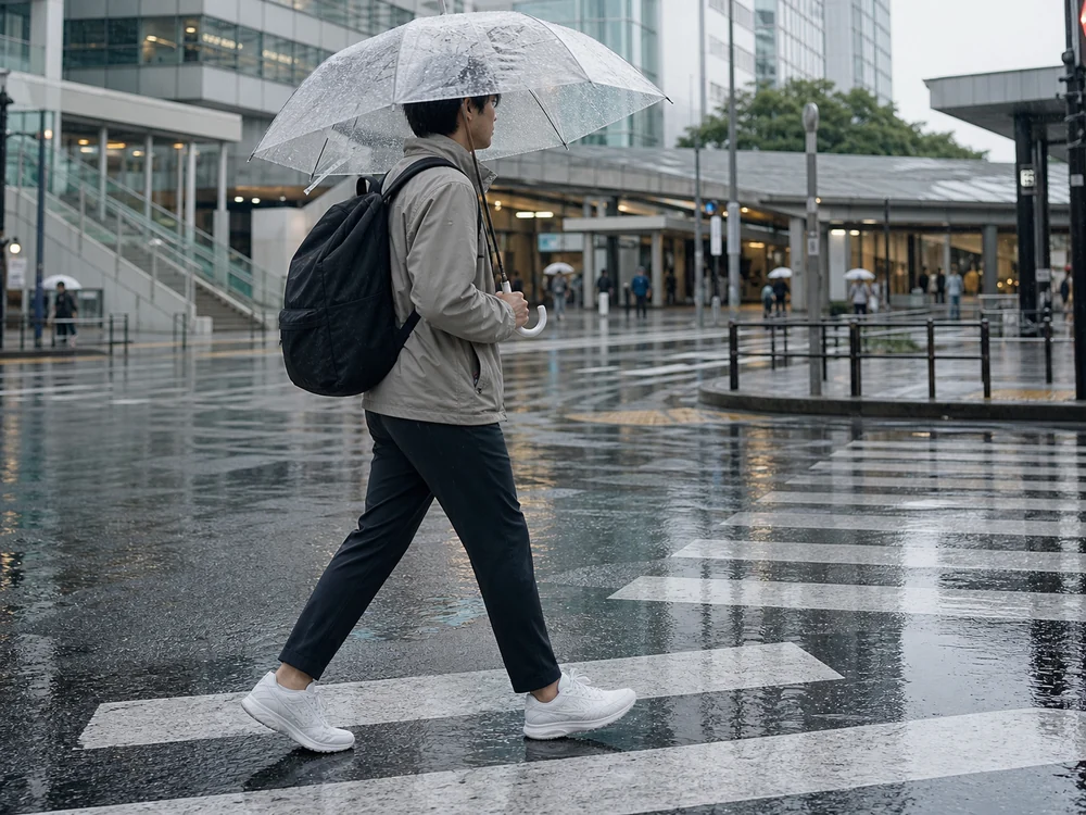 小雨の通勤路を白いランニングシューズで歩く人物