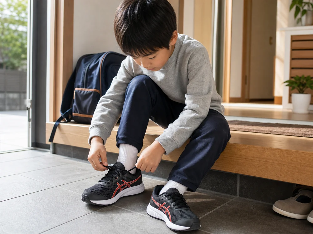 玄関でPATRIOT 13 GSのひもを結ぶ子ども