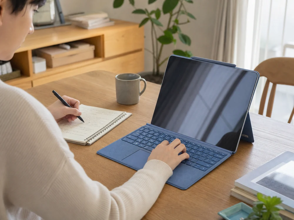 ノートを取りながら青いSurface Pro用キーボードと本体を使い分けている様子