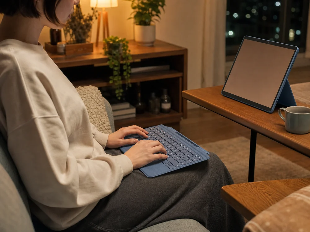 リビングで青い軽量キーボードを手前に置いてSurface Proへ入力している様子