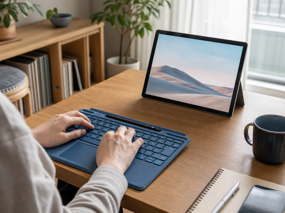 Surface Proを少し離して置き青いワイヤレスキーボードで入力している作業風景
