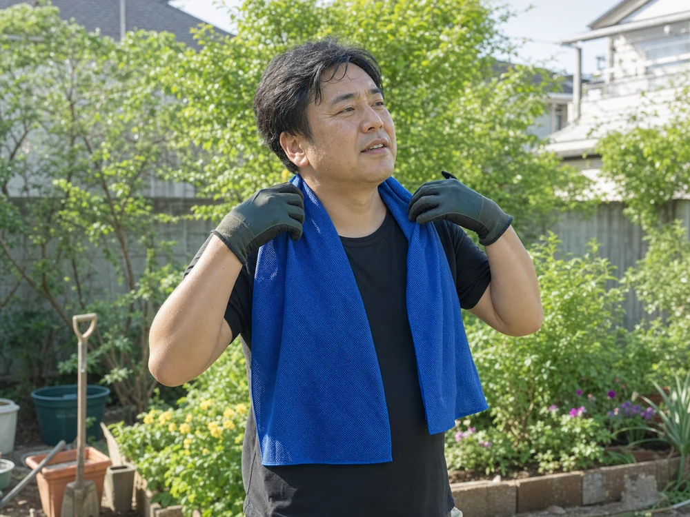 庭仕事の休憩中に青い冷感タオルを首に掛けて暑さ対策をする様子
