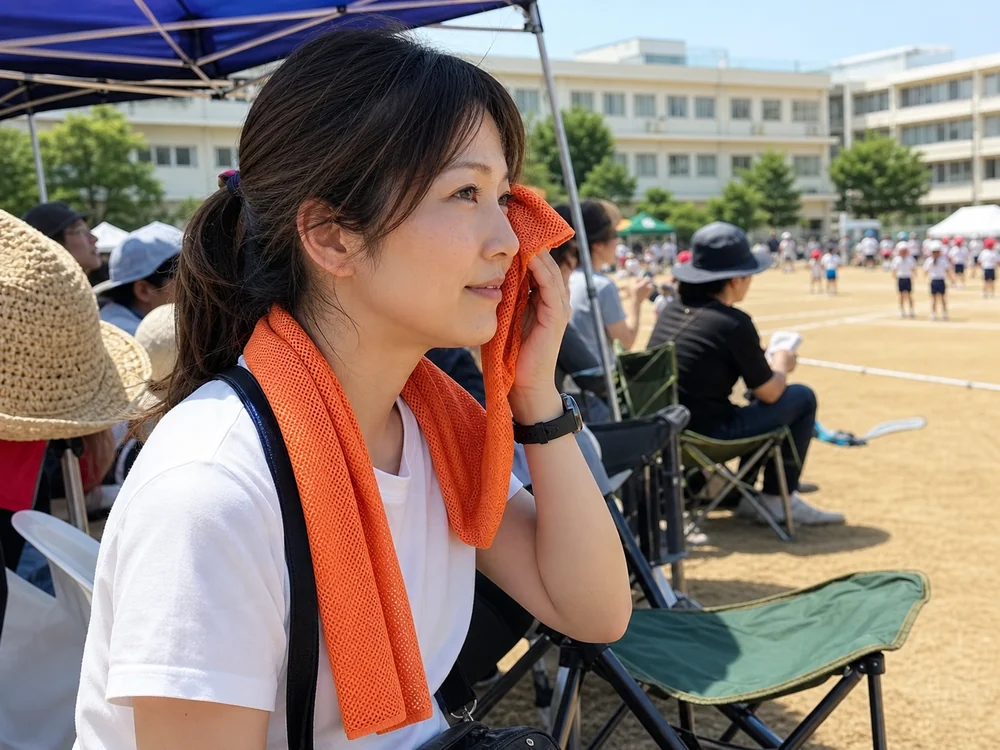 屋外イベントを見守りながらオレンジの冷感タオルで汗を拭く様子