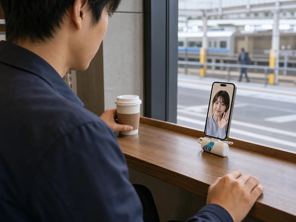 白い直挿しモバイルバッテリーのスタンドでスマホを立てて使う様子