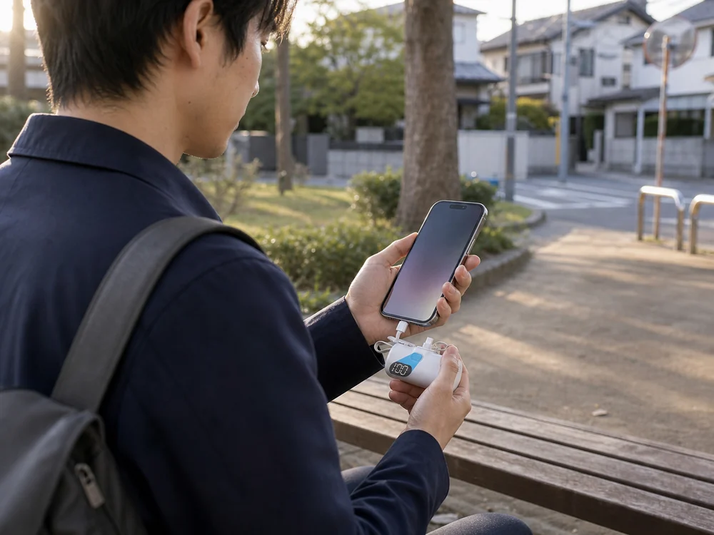 小さなバッグで外出する人が白い小型モバイルバッテリーを使う様子
