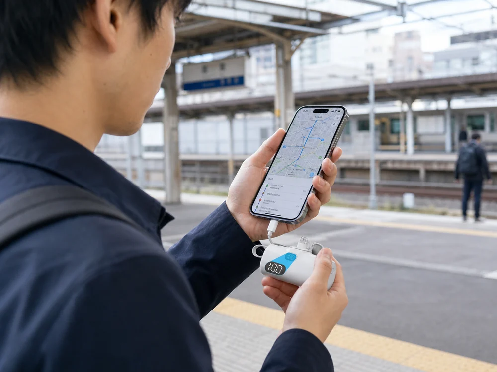 駅前で地図を見ながら白い小型モバイルバッテリーを直接つないで使う様子