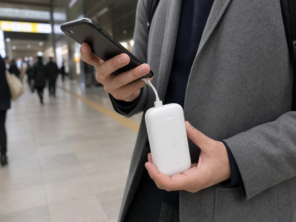 駅の通路でスマホを充電しながら歩く白いBelkin系モバイルバッテリーの使用イメージ