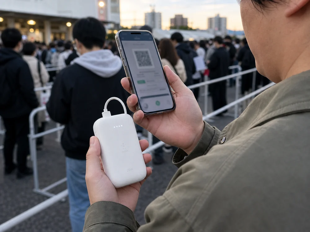 イベント待機列でスマホを充電しながら使う白いBelkin系モバイルバッテリーの使用イメージ