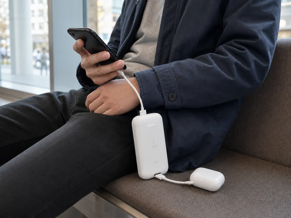 ベンチでスマホと小型機器を同時に充電する白いBelkin系モバイルバッテリーの使用イメージ