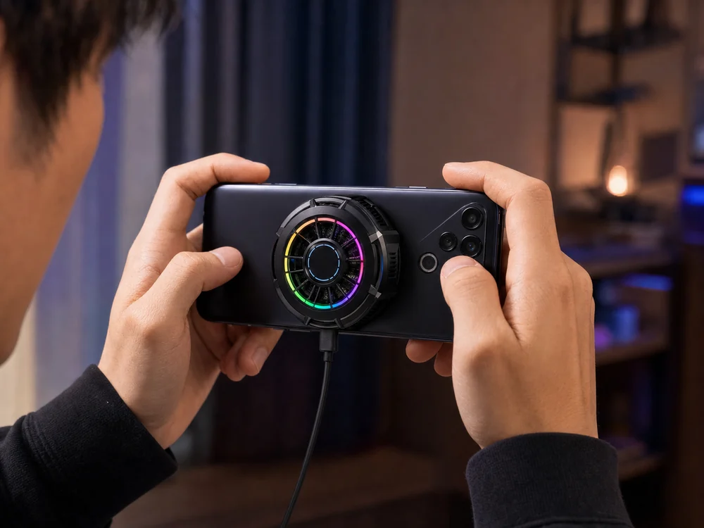 スマホ背面に冷却ファンを付けて横持ちでゲームをしているイメージ
