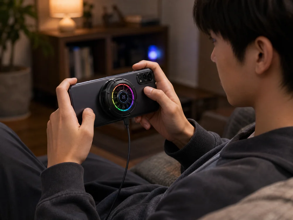 長時間のスマホ利用で冷却ファンを付けて使っているイメージ