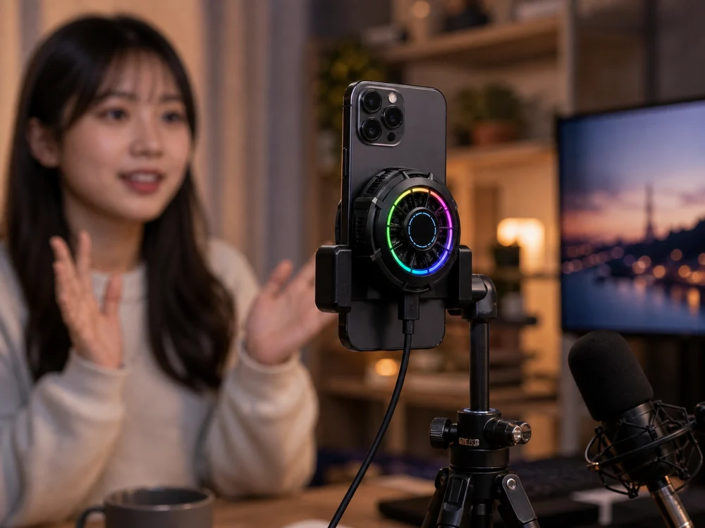 配信や撮影用に固定したスマホへ冷却ファンを装着したイメージ