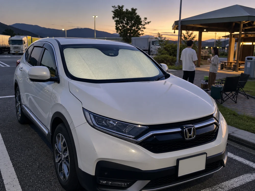 休憩中のCR-Vでフロントサンシェードを使い車内の目隠しをしている様子