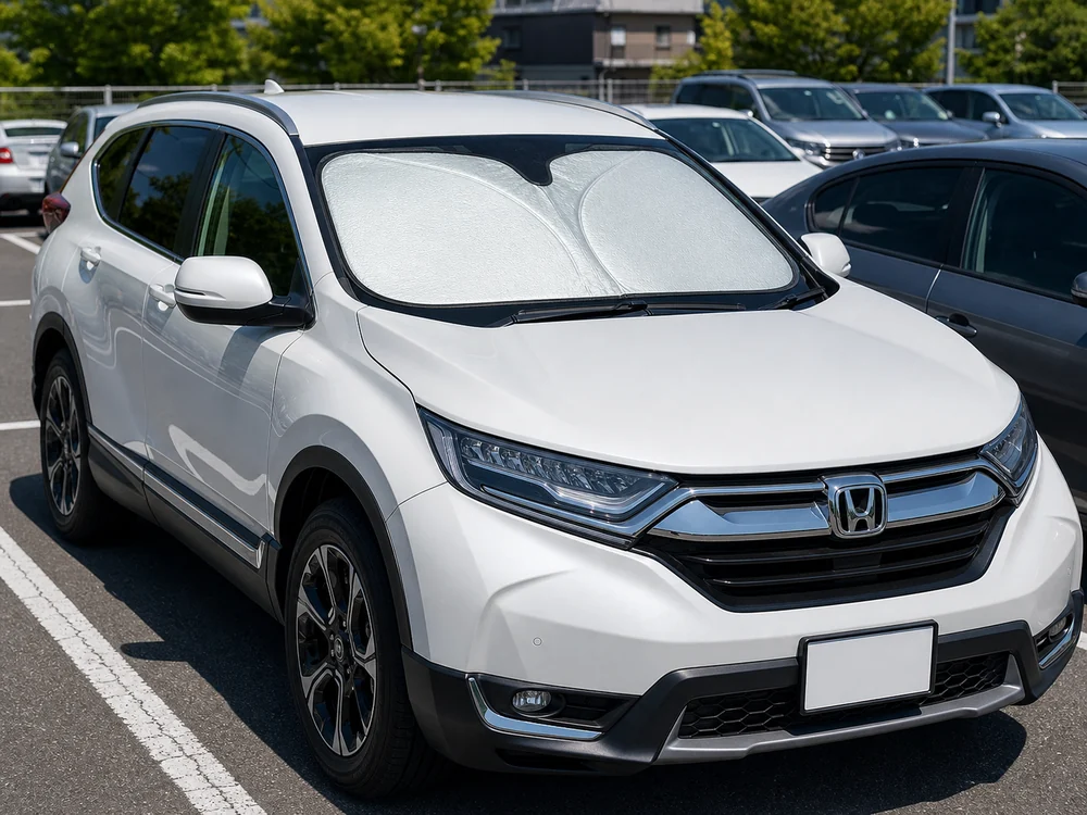 夏の屋外駐車場でホンダCR-Vのフロントガラスに専用サンシェードを付けている様子