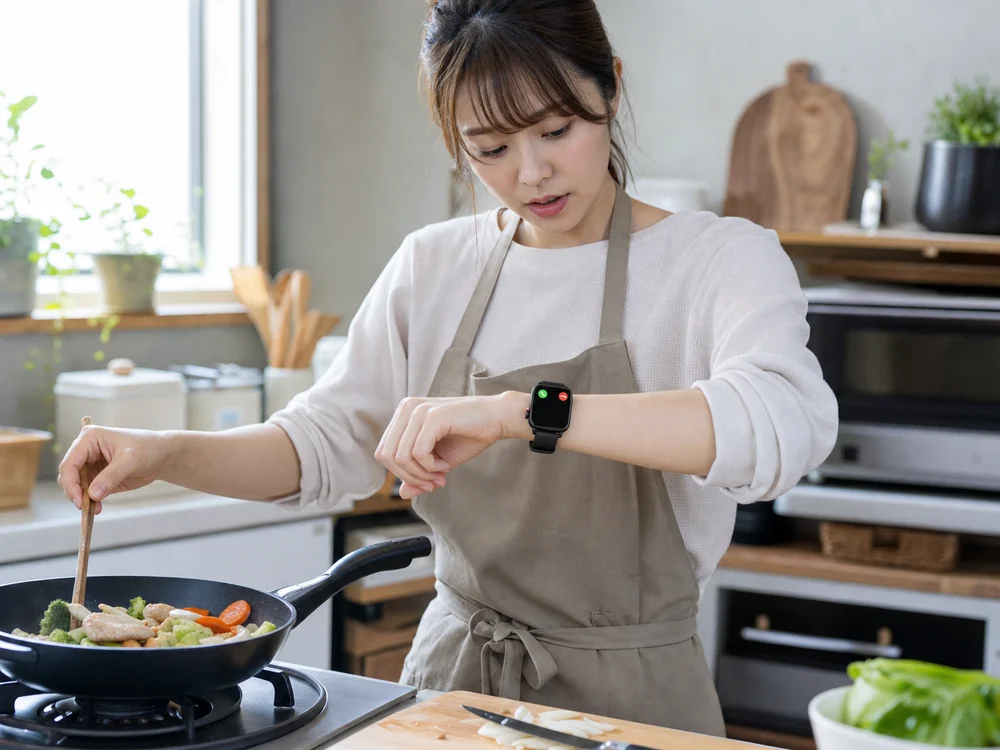 調理中に黒いスマートウォッチで通知を確認する様子