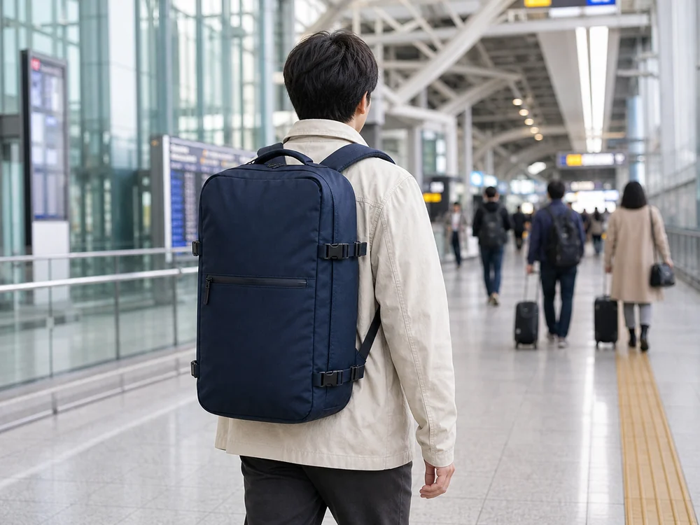 空港通路を移動する旅行者の背中でネイビーの大型バックパックを背負った様子