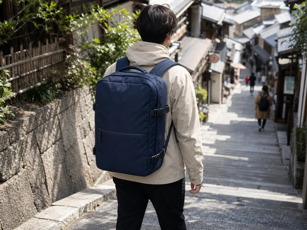 石段の多い街をネイビーの大型バックパックで歩く旅行者の後ろ姿