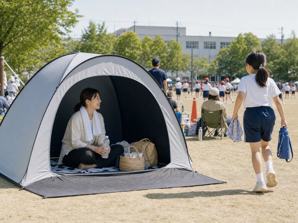 外遊びの待機時間にグレーのポップアップテントを休憩場所として使っているイメージ