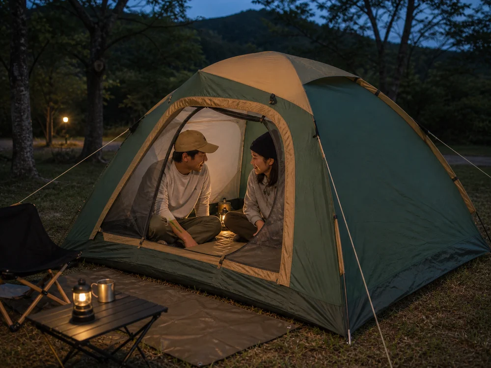 クレセントドームテントM-3105を大人2人で使う夜のキャンプイメージ