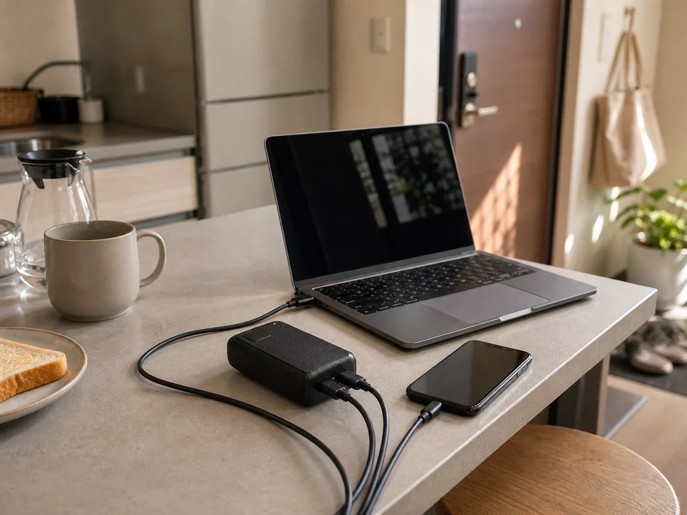 コンセントから抜いた一体型モバイルバッテリーでノートPCとスマートフォンを充電するイメージ