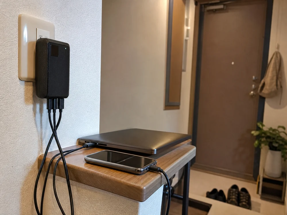 コンセントに挿してノートPCとスマートフォンをまとめて充電する一体型モバイルバッテリーの使用イメージ