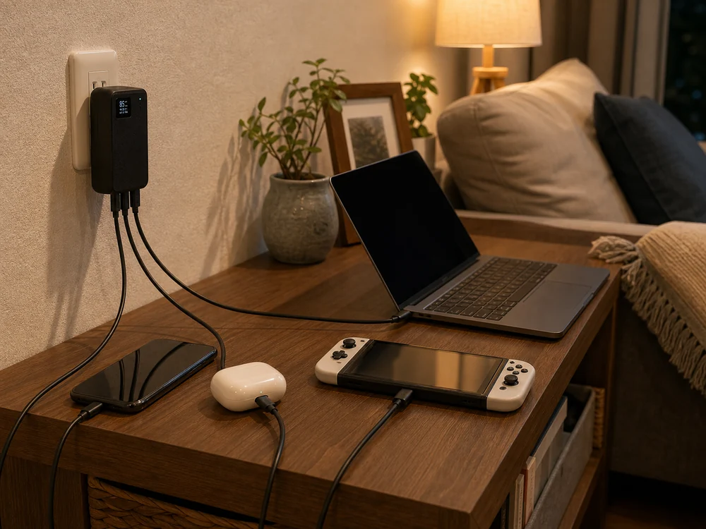 リビングで複数のUSB-C機器を同時に充電する一体型モバイルバッテリーの使用イメージ
