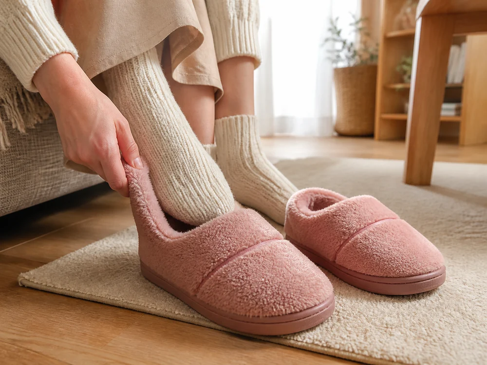 厚手の靴下でピンクのルームシューズを履こうとしている室内の様子