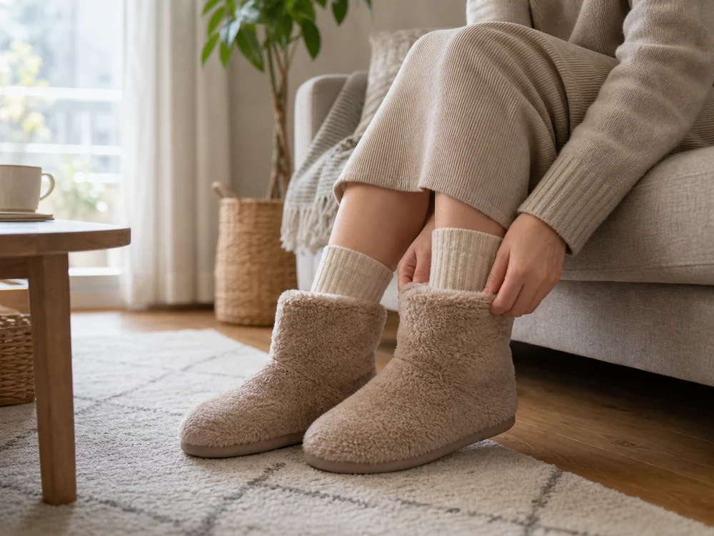 厚手の靴下に合わせてブーツ型ルームシューズの深さを確かめる様子