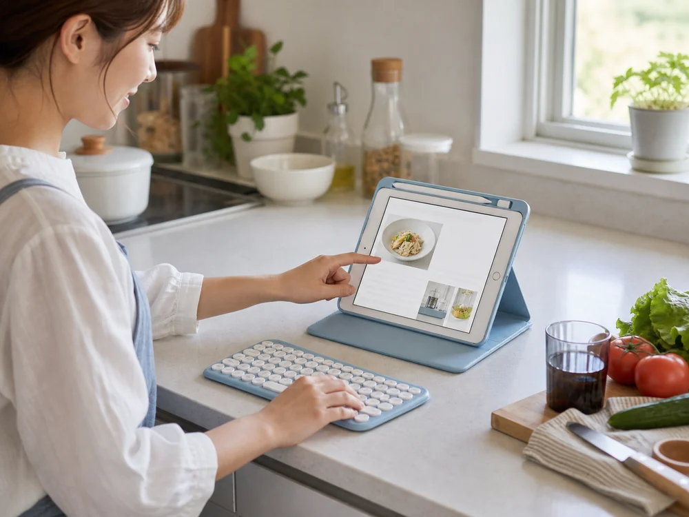 分離したキーボードとスタンド表示を並べたiPadケースのイメージ