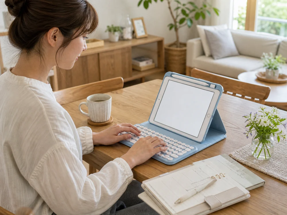 ペンを収めたiPadキーボードケースで家の中の軽作業をするイメージ