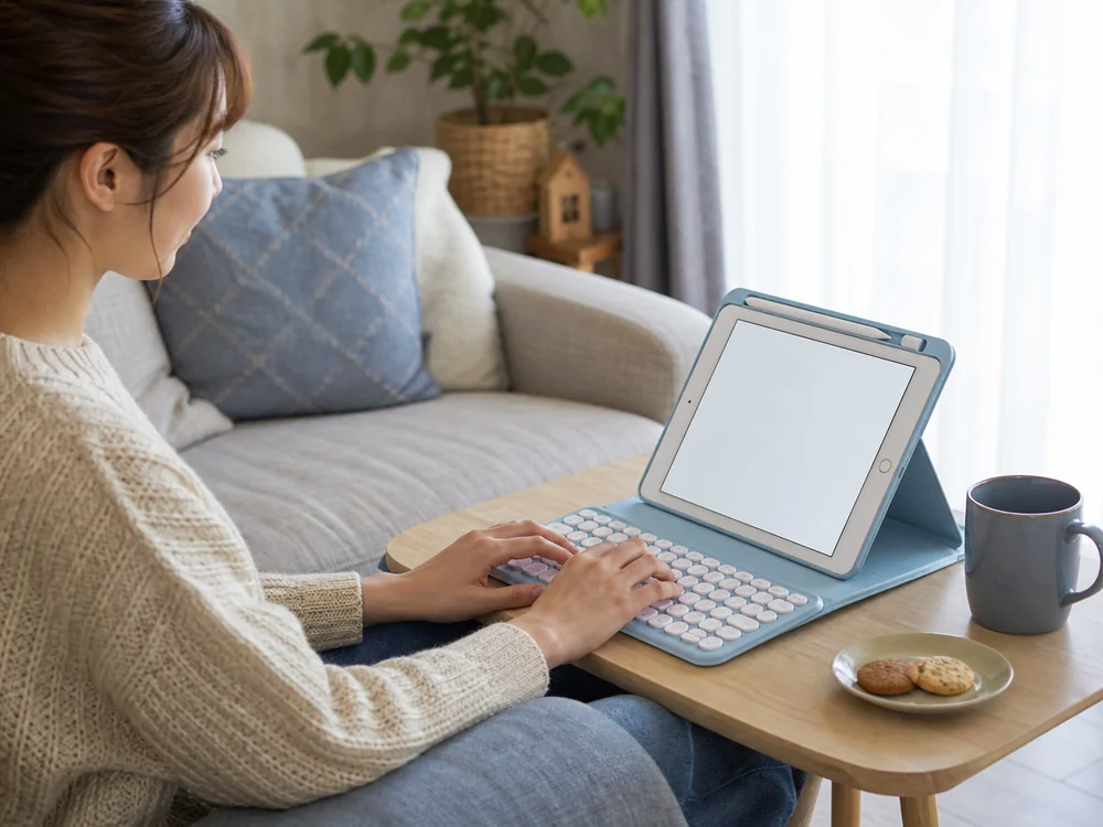淡いブルーのiPadキーボードケースをソファ横で使うイメージ