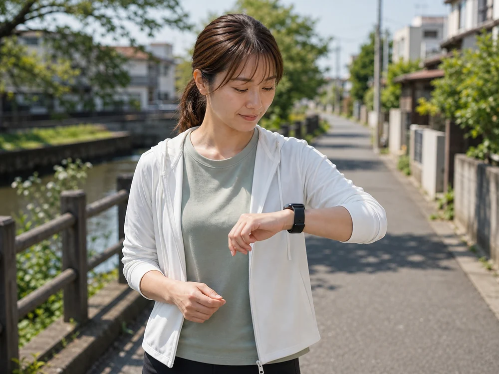 近所の散歩で黒いスマートウォッチを着けて活動量をゆるく確認するイメージ