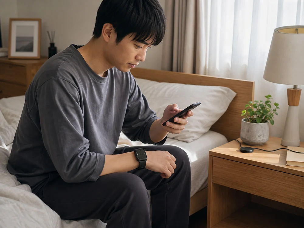 朝にベッドサイドで睡眠や歩数の記録を確認する黒いスマートウォッチの利用イメージ
