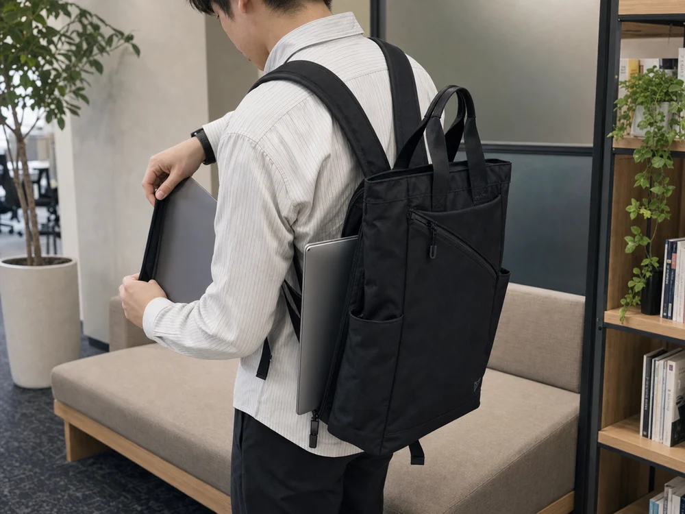 黒いトートリュックの背面側からノートPCを取り出している利用シーン