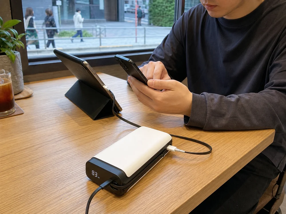カフェの席で白いケーブル内蔵モバイルバッテリーからスマホとタブレットを充電している様子